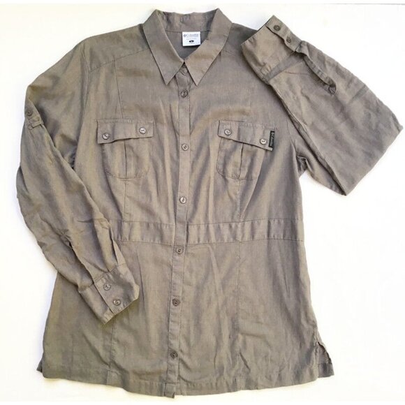 Columbia Casual Button Up Shirt Women's Large Gray Linen Roll Tab Sleeve Pockets - Picture 1 of 9